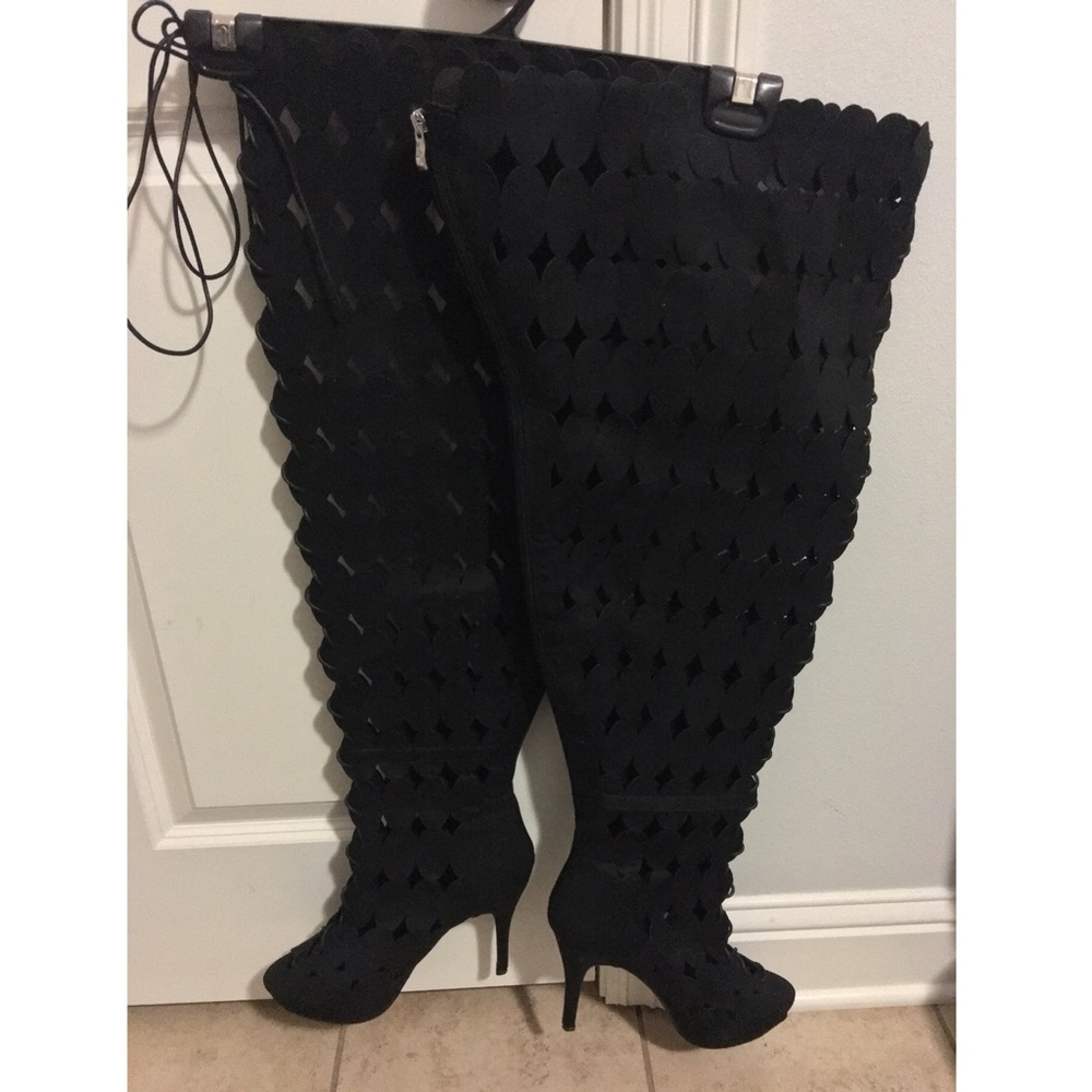 Ashley Stewart Black Thigh High Zip & Tie Boots